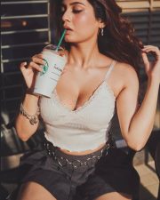 Sexy Srushti Bannatti Exclusive in a White Ribbed Lace Camisole with a Black Pleated Mini Skirt Photos 03