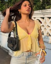 Sexy Stylish Srushti Bannatti in a Sheer Light Yellow Deep Cleavage Crop Top with a Light Denim Jeans Pictures 01