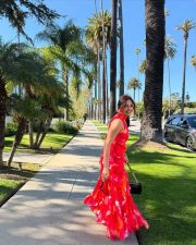 Vibrant Beauty Jiya Shankar in a Red Floral Printed Maxi Dress Photos 06