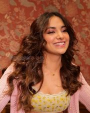 Winsome Jiya Shankar Legs in a Yellow Floral Bralette Pink Cardigan Sage Mini Skirt Photos 01