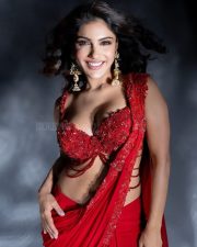 Charming Ishita Raj Sharma in a Red Saree with a Matching Sleeveless Blouse Photos 03
