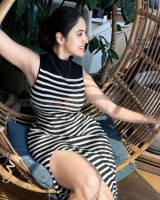 Chic Priyanka Kholgade Legs in a Black White Striped Knit Mini Dress Photos 02