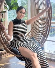 Chic Priyanka Kholgade Legs in a Black White Striped Knit Mini Dress Photos 03
