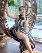 Chic Priyanka Kholgade Legs in a Black White Striped Knit Mini Dress Photos 05