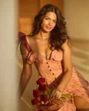 Glamorous Actress Shruti Chauhan in a Peach Floral Mini Dress Photos 01