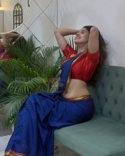 Graceful Actress Priyanka Kholgade in a Royal Blue Silk Saree with Red Brocade Backless Blouse Photos 03