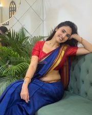 Graceful Actress Priyanka Kholgade in a Royal Blue Silk Saree with Red Brocade Backless Blouse Photos 05
