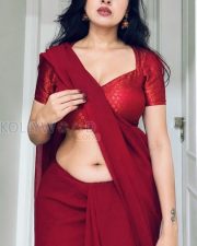 Ravishing Priyanka Kholgade Cleavage in a Red chiffon saree with red floral brocade V neck blouse Photos 01