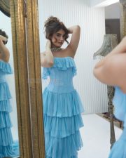 Actress Rasha Thadani in a Blue off Shoulder Corset Style Ruffle Gown Photos 01