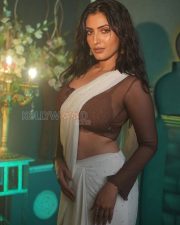 Alluring Actress Shivangi Verma in a White Pearl Saree with Brown Sheer Lace Blouse Photos 06