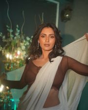 Alluring Actress Shivangi Verma in a White Pearl Saree with Brown Sheer Lace Blouse Photos 08
