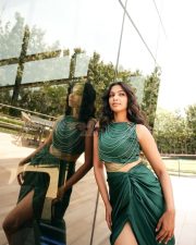Captivating Actress Akshatha Das in a Emerald Green Beaded Crop Top and Draped Slit Skirt Photos 05