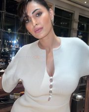 Captivating Shivangi Verma in a Cream Colored Ribbed Bodycon Midi Dress Pictures 01