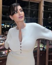Captivating Shivangi Verma in a Cream Colored Ribbed Bodycon Midi Dress Pictures 02
