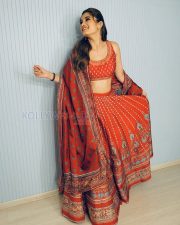 Charming Actress Rasha Thadani in a Red Printed Ethnic Suit Photos 07