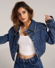 Cute and Chic Rasha Thadani in a White Crop Top with Denim Jacket and Jeans Pictures 05