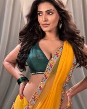 Dazzling Shivangi Verma in a Yellow Saree with a Printed Border and Green Blouse Photos 04