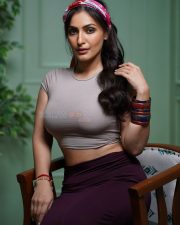 Desirable Shivangi Verma in a Grey Skin Fit Taupe Cropped T Shirt and Deep Burgundy Leggings with a Printed Silk Scarf Pictures 03