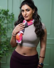 Desirable Shivangi Verma in a Grey Skin Fit Taupe Cropped T Shirt and Deep Burgundy Leggings with a Printed Silk Scarf Pictures 05