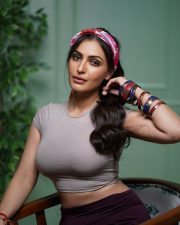Desirable Shivangi Verma in a Grey Skin Fit Taupe Cropped T Shirt and Deep Burgundy Leggings with a Printed Silk Scarf Pictures 08
