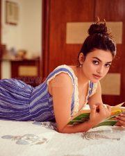 Dreamy Actress Vidhi Yadav in a Blue Striped Lace Trim Sundress Photos 05