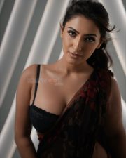 Hot Shivangi Verma in a Black Red Floral Saree with a Black Lace Bustier Style Sleeveless Blouse Photos 01