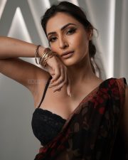 Hot Shivangi Verma in a Black Red Floral Saree with a Black Lace Bustier Style Sleeveless Blouse Photos 02
