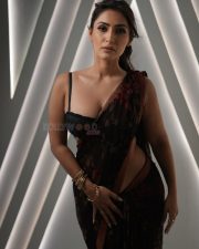 Hot Shivangi Verma in a Black Red Floral Saree with a Black Lace Bustier Style Sleeveless Blouse Photos 03