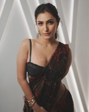 Hot Shivangi Verma in a Black Red Floral Saree with a Black Lace Bustier Style Sleeveless Blouse Photos 04