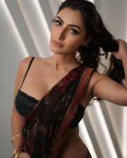Hot Shivangi Verma in a Black Red Floral Saree with a Black Lace Bustier Style Sleeveless Blouse Photos 05