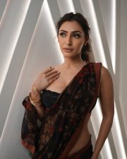 Hot Shivangi Verma in a Black Red Floral Saree with a Black Lace Bustier Style Sleeveless Blouse Photos 06