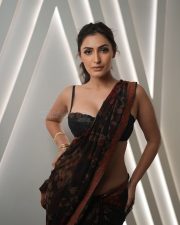 Hot Shivangi Verma in a Black Red Floral Saree with a Black Lace Bustier Style Sleeveless Blouse Photos 07