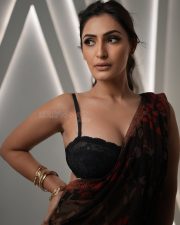 Hot Shivangi Verma in a Black Red Floral Saree with a Black Lace Bustier Style Sleeveless Blouse Photos 10