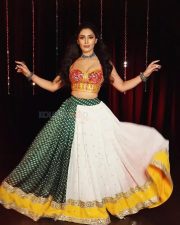 Hot Shivangi Verma in a Multi Coloured Designer Lehenga Gown with a Sleeveless Deep Neck Top Photos 03