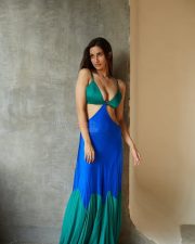 Sexy Hot Diksha Singh in a Blue Satin and Crepe V Neck Strappy Gown Photos 01