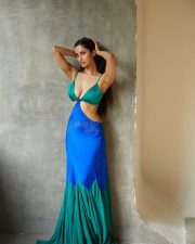 Sexy Hot Diksha Singh in a Blue Satin and Crepe V Neck Strappy Gown Photos 04