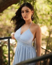 Sexy Shivangi Verma in a Blue and White Striped Halter Neck Dress with a V Neckline Photos 02