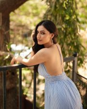 Sexy Shivangi Verma in a Blue and White Striped Halter Neck Dress with a V Neckline Photos 03