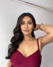 Sexy Shivangi Verma in a Deep Neck Maroon Sleeveless Bodycon Dress Photos 01