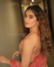 Winsome Actress Rasha Thadani in a Pink Coral Embroidered Saree Photos 01