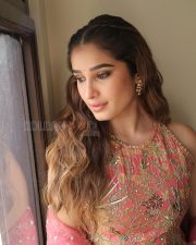 Winsome Actress Rasha Thadani in a Pink Coral Embroidered Saree Photos 06