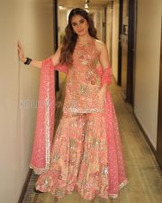 Winsome Actress Rasha Thadani in a Pink Coral Embroidered Saree Photos 07