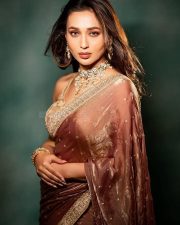 Bengali Actress Mimi Chakraborty in a Rust Coloured Saree with a Sleeveless Embroidered Blouse Photos 01
