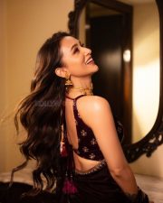 Bhanupriya Bhooter Hotel Actress Mimi Chakraborty in a Deep Wine Colored Velvet Saree with a Sleeveless Velvet Blouse Photos 04