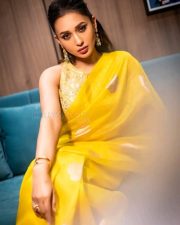 Emperor vs Sarat Chandra Actress Mimi Chakraborty in a Yellow Silk Organza Saree and Zari Embroidered Sleeveless Blouse Photos 01