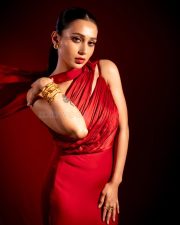 Glamorous Mimi Chakraborty in a Red Satin Halterneck Gown Photos 03