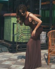 Personal Trainer Actress Tina Dutta in a Chocolate Brown Ruched Backless Maxi Dress Pictures 02