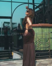 Personal Trainer Actress Tina Dutta in a Chocolate Brown Ruched Backless Maxi Dress Pictures 03