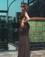 Personal Trainer Actress Tina Dutta in a Chocolate Brown Ruched Backless Maxi Dress Pictures 04