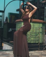 Personal Trainer Actress Tina Dutta in a Chocolate Brown Ruched Backless Maxi Dress Pictures 05